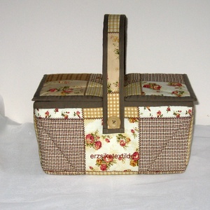 Kézimunka-  vagy  varrókosár  sárga-viágosbarna-rózsás patchwork  mintás anyagból - Meska.hu