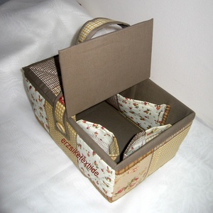 Kézimunka-  vagy  varrókosár  sárga-viágosbarna-rózsás patchwork  mintás anyagból -  - Meska.hu