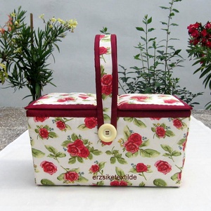 Varró- vagy kézimunka kosár bézs alapon rózsás (Varrókosár) - Meska.hu