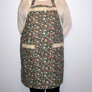 Kötény, fogó kesztyű és fedőfogó garnitúra, zöld alapon virágos, csipkés - otthon & életmód - konyhafelszerelés, tálalás - Meska.hu