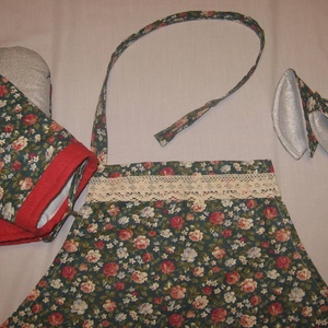 Kötény, fogó kesztyű és fedőfogó garnitúra, zöld alapon virágos, csipkés - otthon & életmód - konyhafelszerelés, tálalás - Meska.hu