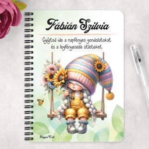 Személyre szabható - Hintázós napraforgós manó lány mintás A5-ös füzet - otthon & életmód - papír, írószer - jegyzetfüzet & napló - Meska.hu