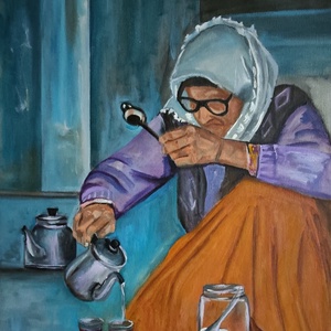 Olajfestmény - Tea time II. (2019.), Művészet, Festmény, Olajfestmény, Festészet, MESKA