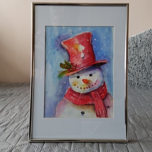 Akvarell - Snowman (2023.), Művészet, Festmény, Akvarell, Festészet, MESKA