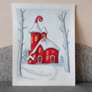 Akvarell - Piros házikó (2025.), Művészet, Festmény, Akvarell, Festészet, MESKA