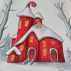 Akvarell - Piros házikó (2025.) - művészet - festmény - akvarell - Meska.hu