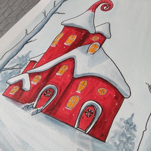 Akvarell - Piros házikó (2025.) - művészet - festmény - akvarell - Meska.hu