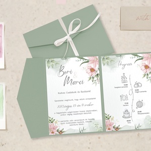 Borítékba hajtott zöld rózsaszín virágos esküvői meghívó - esküvő - meghívó & kártya - meghívó - Meska.hu