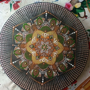 Zöld-arany mandala - művészet - festmény - akril - Meska.hu