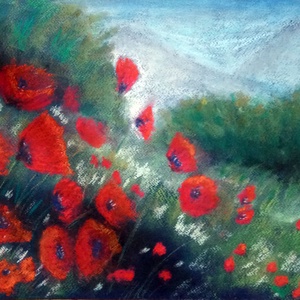 Domboldal pipacsokkal - művészet - festmény - pasztell - Meska.hu