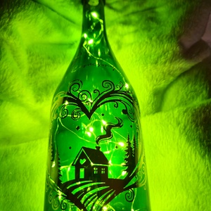 Karácsonyi házikós vilagító pezsgős üveg, Karácsony, Karácsonyi lakásdekoráció, Karácsonyi fénydekoráció, Decoupage, transzfer és szalvétatechnika, Újrahasznosított alapanyagból készült termékek, MESKA