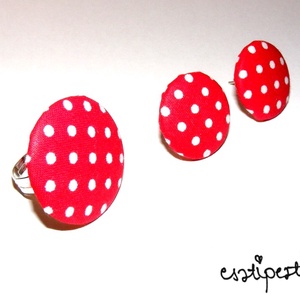 Behúzott gomb ékszerszett gyűrű és fülbevaló világoskék és piros alapon fehér pöttyös -  - Meska.hu