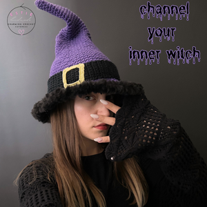 Lila Horgolt Boszorkány Kalap � Farsangi, Fekete Szőrös Peremmel, Handmade, Kézműves - Meska.hu