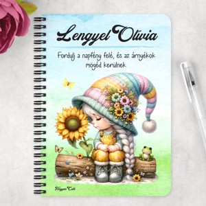 Személyre szabható - Napraforgós manó lány cuki békával mintás A5-ös füzet - otthon & életmód - papír, írószer - jegyzetfüzet & napló - Meska.hu