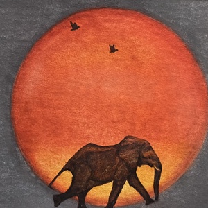 Akvarell festmény - Elefánt naplementében - Meska.hu