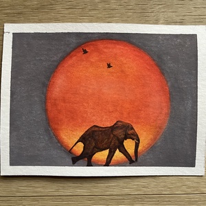 Akvarell festmény - Elefánt naplementében - művészet - festmény - akvarell - Meska.hu