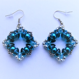 Kékeszöld négyzet fülbevaló, Ékszer, Fülbevaló, Lógó fülbevaló, Ékszerkészítés, Gyöngyfűzés, gyöngyhímzés, MESKA