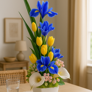 Kézzel készült kék-sárga virágkompozíció írisz, tulipán, kála  asztaldísz fehér kaspóban (40 cm) - Csodás és élethű  - otthon & életmód - dekoráció - asztal és polc dekoráció - asztaldísz - Meska.hu