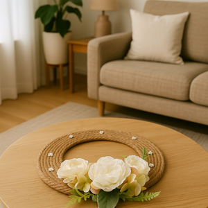 Krémfehér tavaszi kopogtató sisal alapon  34 cm kézzel készült koszorú, falidísz, asztaldísz, Otthon & Életmód, Dekoráció, Ajtó- és ablak dekoráció, Ajtódísz & Kopogtató, Famegmunkálás, Festett tárgyak, MESKA
