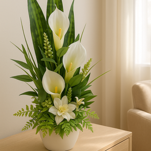 Krémfehér kála művirág kompozíció kaspóban  elegáns zöld-fehér lakásdekoráció (45 cm magas) - otthon & életmód - dekoráció - asztal és polc dekoráció - asztaldísz - Meska.hu
