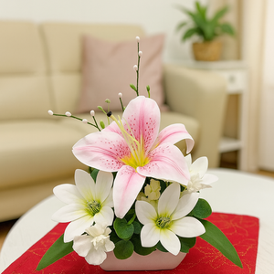 Elegáns rózsaszín-fehér liliom virágdísz  25 cm magas asztali kompozíció - Meska.hu