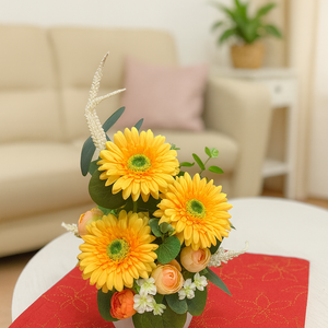 Napfényes sárga gerbera asztaldísz  35 cm magas virágkompozíció - Meska.hu