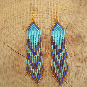 Türkiz-kék-arany gyöngy fülbevaló, gyöngy ékszer, Ékszer, Fülbevaló, Csillár fülbevaló, Gyöngyfűzés, gyöngyhímzés, MESKA