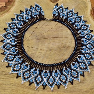 Kék-fehér ukrán gyöngygallér, Ékszer, Nyaklánc, Gyöngyös nyaklánc, Gyöngyfűzés, gyöngyhímzés, MESKA