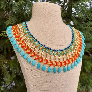 Egyiptomi nyaklánc türkiz gyöngyökkel - ékszer - nyaklánc - gyöngyös nyaklánc - Meska.hu