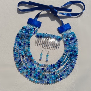 Hétsoros, kék mix csiszolt üveggyöngy kaláris szett, néptánckellék, néptáncos kiegészítő, népi ékszer - Meska.hu