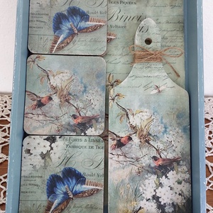 Tálca, falidísz, poháralátét szett, Otthon & Életmód, Konyhafelszerelés, tálalás, Tálalás, Tálca, Decoupage, transzfer és szalvétatechnika, MESKA