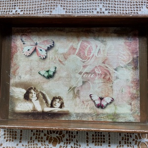 Angyalos-lepkés-virágos fatálca, Otthon & Életmód, Konyhafelszerelés, tálalás, Tálalás, Tálca, Decoupage, transzfer és szalvétatechnika, MESKA