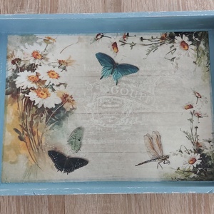 Margarétás-lepkés fatálca, Otthon & Életmód, Konyhafelszerelés, tálalás, Tálalás, Tálca, Decoupage, transzfer és szalvétatechnika, MESKA