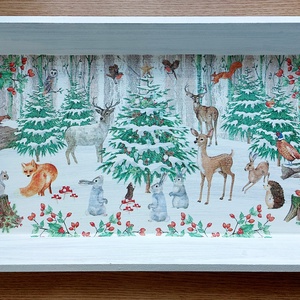 Tálca: Erdei állatok a téli erdőben, Otthon & Életmód, Konyhafelszerelés, tálalás, Tálalás, Tálca, Decoupage, transzfer és szalvétatechnika, MESKA