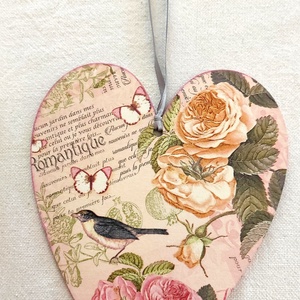 Romantikus rózsás-madaras szívek - otthon & életmód - dekoráció - fali és függő dekoráció - függődísz - Meska.hu
