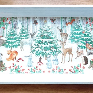 Erdei állatok a téli erdőben, Otthon & Életmód, Konyhafelszerelés, tálalás, Tálalás, Tálca, Decoupage, transzfer és szalvétatechnika, MESKA