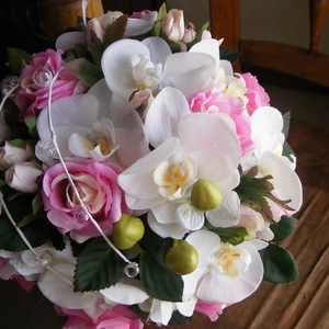 Rózsa-Orchidea kerek menyasszonyi csokor,tartós virágokból -  - Meska.hu