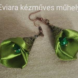 Jázmin zöld fülbevaló, textil ékszer, Ékszer, Fülbevaló, Lógó fülbevaló, Ékszerkészítés, Meska