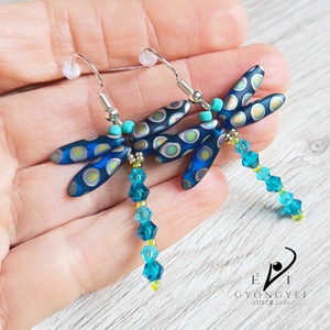 Szitakötő pettyekkel fülbevaló, Ékszer, Fülbevaló, Lógó fülbevaló, Ékszerkészítés, Gyöngyfűzés, gyöngyhímzés, MESKA