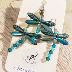 Szitakötő szett, Ékszer, Fülbevaló, Lógó fülbevaló, Ékszerkészítés, Gyöngyfűzés, gyöngyhímzés, MESKA