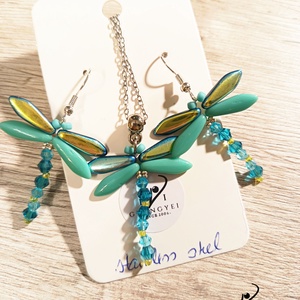 Türkizzöld szitakötő szett, Ékszer, Fülbevaló, Lógó fülbevaló, Ékszerkészítés, Gyöngyfűzés, gyöngyhímzés, MESKA