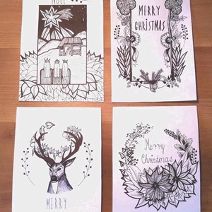 Modern fekete-fehér grafikás karácsonyi képeslap szett, kinyitható üdvözlőlap, szarvas, virág, Betlehem - karácsony - karácsonyi ajándékozás - karácsonyi képeslap, üdvözlőlap, ajándékkísérő - Meska.hu