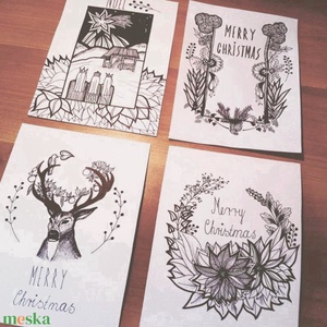 Modern fekete-fehér grafikás karácsonyi képeslap szett, kinyitható üdvözlőlap, szarvas, virág, Betlehem, Karácsony, Karácsonyi ajándékozás, Karácsonyi képeslap, üdvözlőlap, ajándékkísérő, Festészet, Papírművészet, MESKA