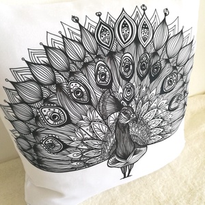 Páva grafikás színezhető díszpárna, páva mintás díszpárna, páva madár mandala minta, huzat+belső párna - karácsony - mikulás - mikulás ajándékok - Meska.hu
