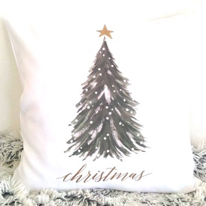 Karácsonyi fenyőfa mintás karácsonyi díszpárnahuzat Christmas felirattal, vintage stílusú mintával, párnahuzat  - Meska.hu