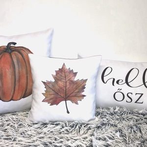 Őszi díszpárna szett (3 db-os), Halloween tök, Őszi Falevél, Hello Ősz grafikás dekor párna, belső párna + párnahuzat, Otthon & Életmód, Dekoráció, Halloween, Halloweeni dekoráció, Varrás, Festészet, MESKA