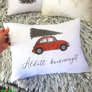 Karácsonyi piros autós díszpárna, dekorpárna egyedi felirattal is kérhető, karácsonyi dekor párna, belső párna+huzat, Karácsony, Karácsonyi lakásdekoráció, Karácsonyi lakásdíszek, Varrás, Festészet, MESKA