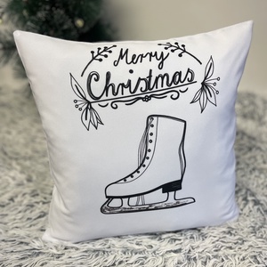 Jégkorcsolya karácsonyi ajándék, Dekorpárna korcsolyázó szarvas hópelyhekkel, huzat + belső párna, Mikulás - karácsony - karácsonyi lakásdekoráció - karácsonyi lakásdíszek - Meska.hu