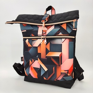 Roll top hátizsák L méret, fekete rózsaszín geometriai minta, Táska & Tok, Hátizsák, Roll top hátizsák, Varrás, MESKA