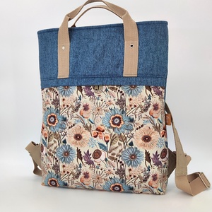 Ivett hátizsák és kézitásak, kék-barna virágos, Táska & Tok, Hátizsák, Hátizsák, Varrás, MESKA
